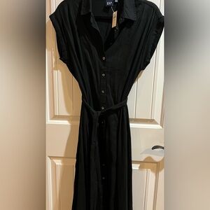 GAP Black Button-Front Midi Shirt Dress with Waist Tie Sz Petite Small